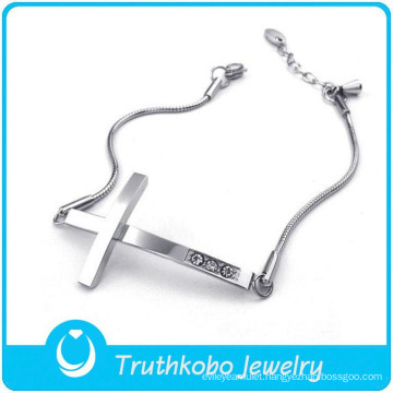 TKB-B0124 Wholesale silver jewelry adjustable snake chain rhinestone crucifix 316L stainless steel women bracelet